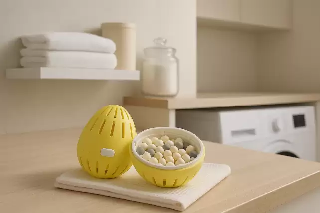 Reusable Ecoegg laundry detergent egg opened to reveal mixed mineral pellets, placed on a towel in a stylish laundry room