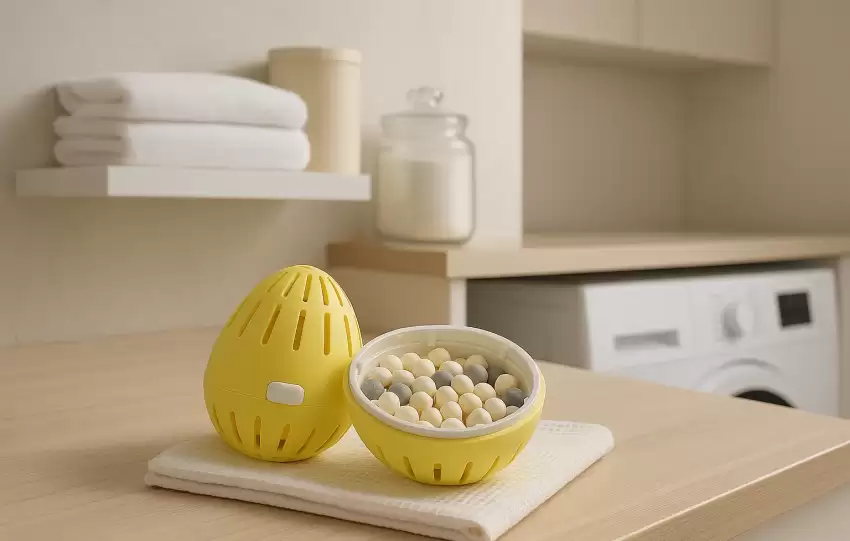 Reusable Ecoegg laundry detergent egg opened to reveal mixed mineral pellets, placed on a towel in a stylish laundry room