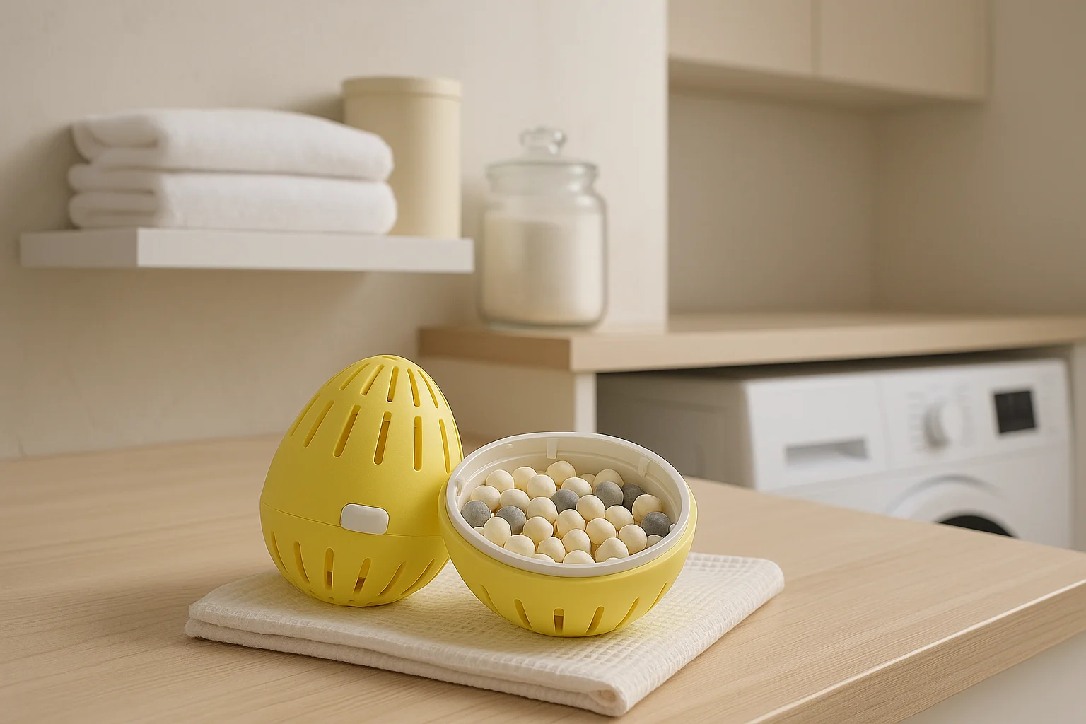 Reusable Ecoegg laundry detergent egg opened to reveal mixed mineral pellets, placed on a towel in a stylish laundry room