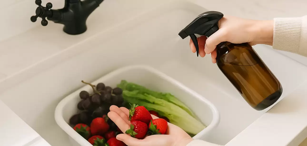 Person using amber glass spray bottle to clean fresh strawberries, grapes, and lettuce in a butler sink.