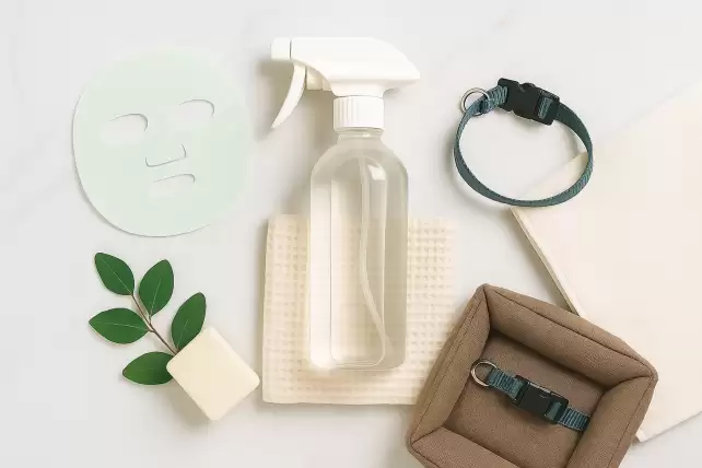 Flat lay of a spray bottle, beauty face mask, pet collar and bed, soap and towel, representing practical uses of hypochlorous acid in everyday life.