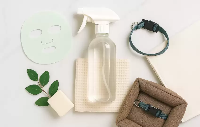 Flat lay of a spray bottle, beauty face mask, pet collar and bed, soap and towel, representing practical uses of hypochlorous acid in everyday life.