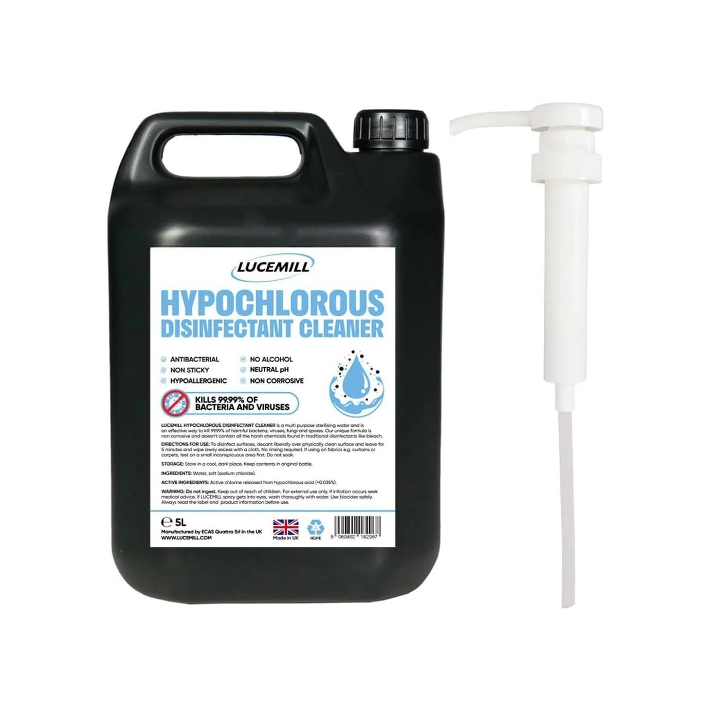 5-litre bottle of Lucemill Hypochlorous Acid Cleaner with pump attachment